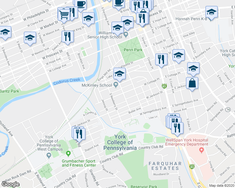 map of restaurants, bars, coffee shops, grocery stores, and more near 271 West Cottage Place in York