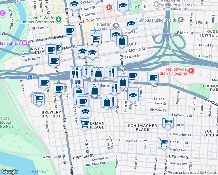 map of restaurants, bars, coffee shops, grocery stores, and more near 243 East Livingston Avenue in Columbus