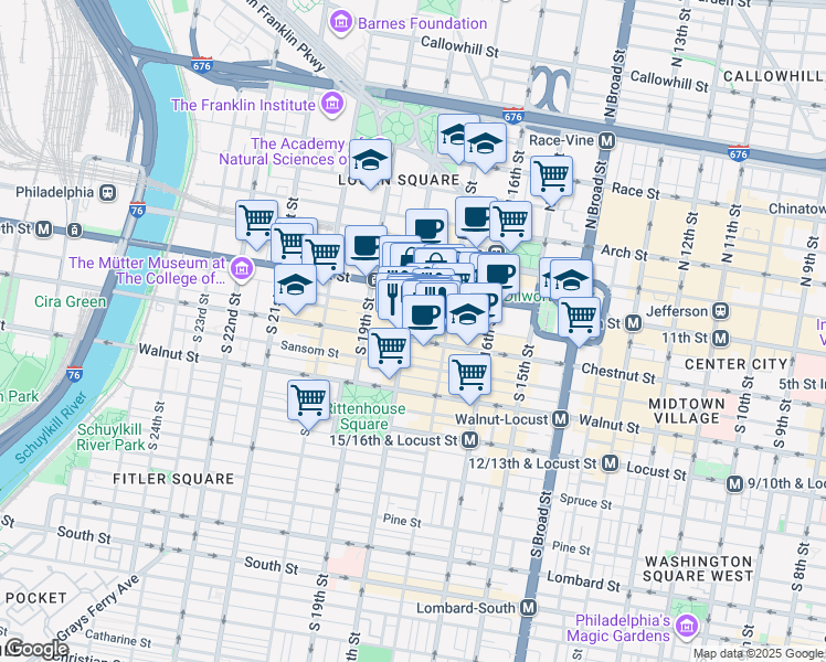 map of restaurants, bars, coffee shops, grocery stores, and more near 30 South 17th Street in Philadelphia