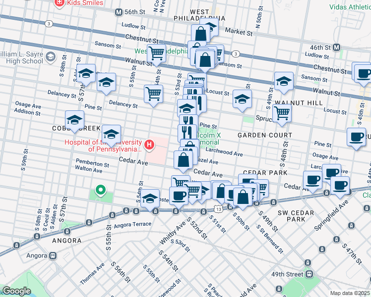 map of restaurants, bars, coffee shops, grocery stores, and more near 5206 Larchwood Ave in Philadelphia