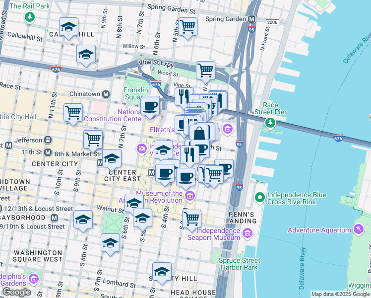map of restaurants, bars, coffee shops, grocery stores, and more near 320 Arch Street in Philadelphia