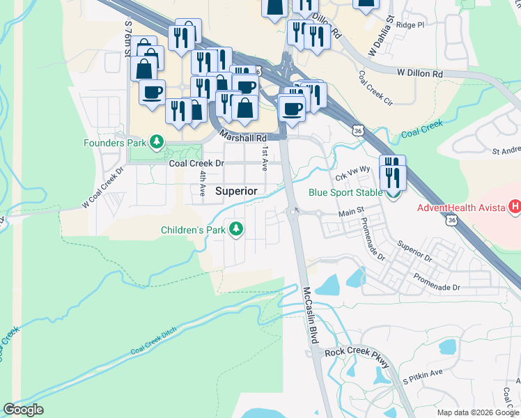 map of restaurants, bars, coffee shops, grocery stores, and more near 100 East William Street in Superior