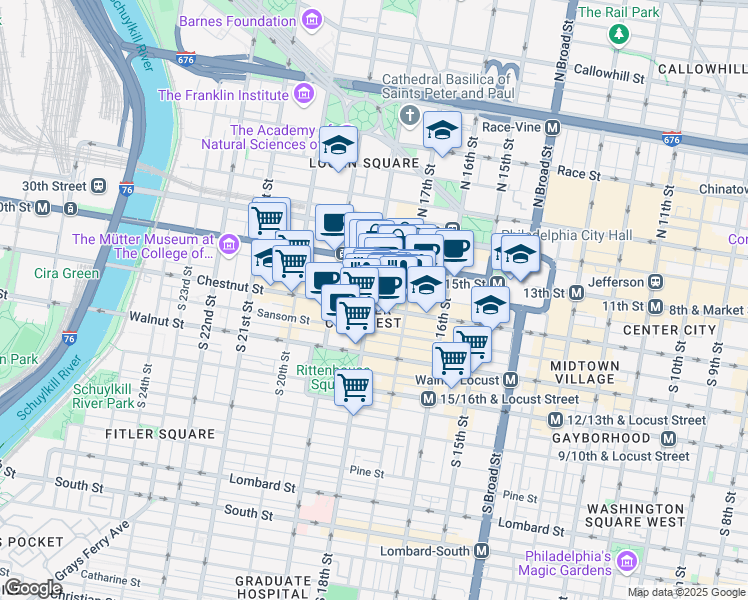 map of restaurants, bars, coffee shops, grocery stores, and more near 1737 Chestnut Street in Philadelphia