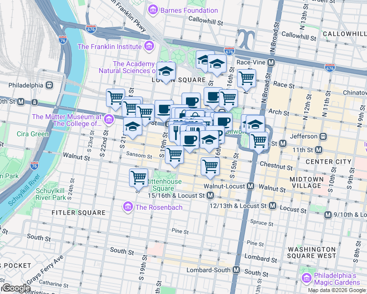 map of restaurants, bars, coffee shops, grocery stores, and more near 1709-17 Chestnut Street in Philadelphia