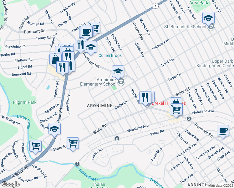 map of restaurants, bars, coffee shops, grocery stores, and more near 929 Roberts Avenue in Upper Darby