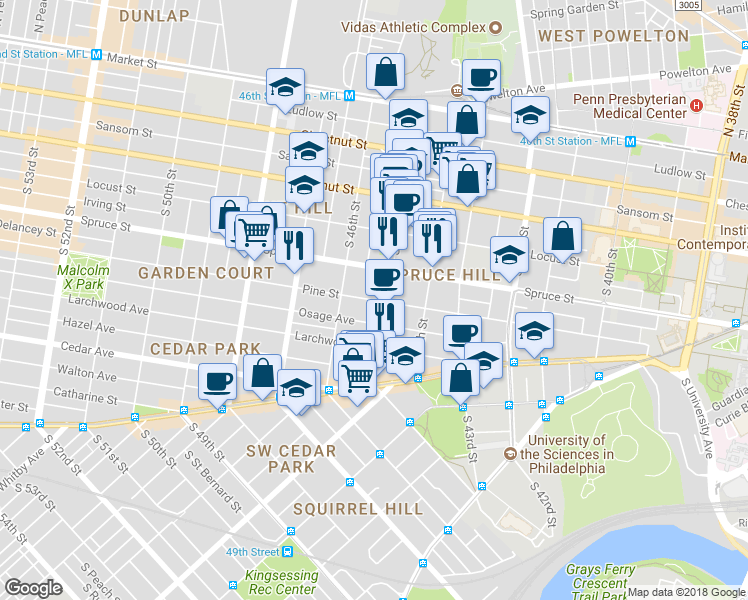 map of restaurants, bars, coffee shops, grocery stores, and more near 4513 Pine St in Philadelphia