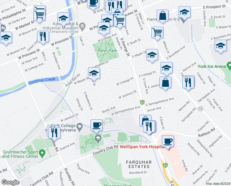 map of restaurants, bars, coffee shops, grocery stores, and more near 726 Bierman Avenue in York