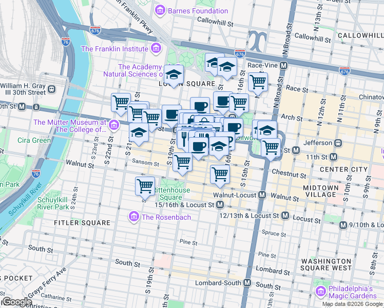 map of restaurants, bars, coffee shops, grocery stores, and more near 30 South 17th Street in Philadelphia