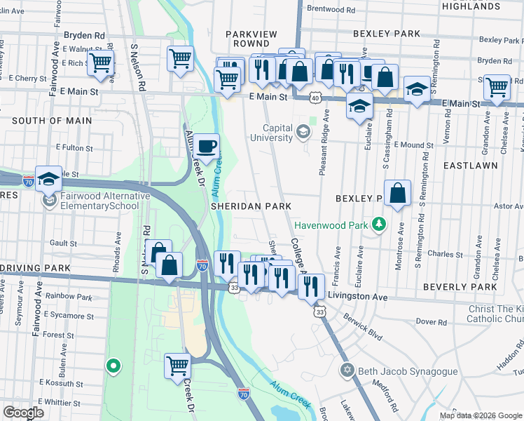 map of restaurants, bars, coffee shops, grocery stores, and more near 806 Sheridan Avenue in Bexley