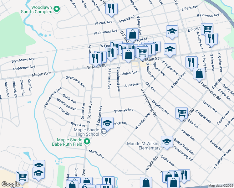 map of restaurants, bars, coffee shops, grocery stores, and more near 66 Anna Avenue in Maple Shade