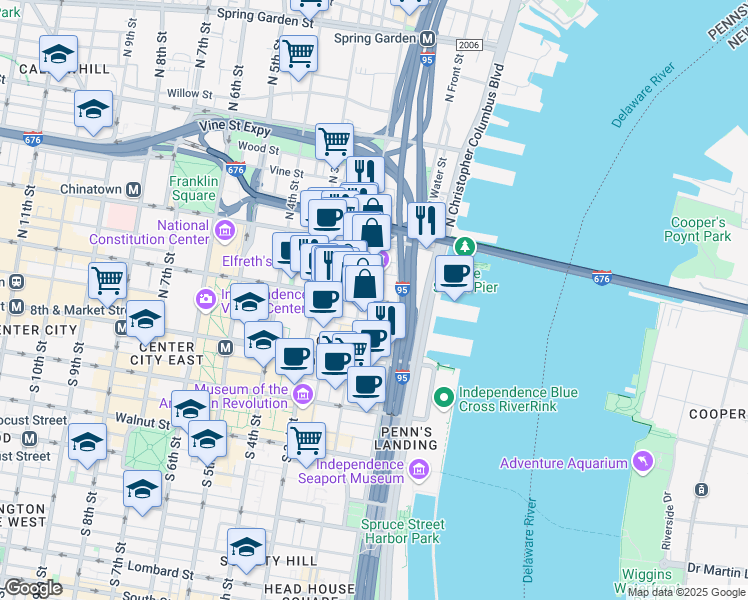 map of restaurants, bars, coffee shops, grocery stores, and more near 69 North 2nd Street in Philadelphia