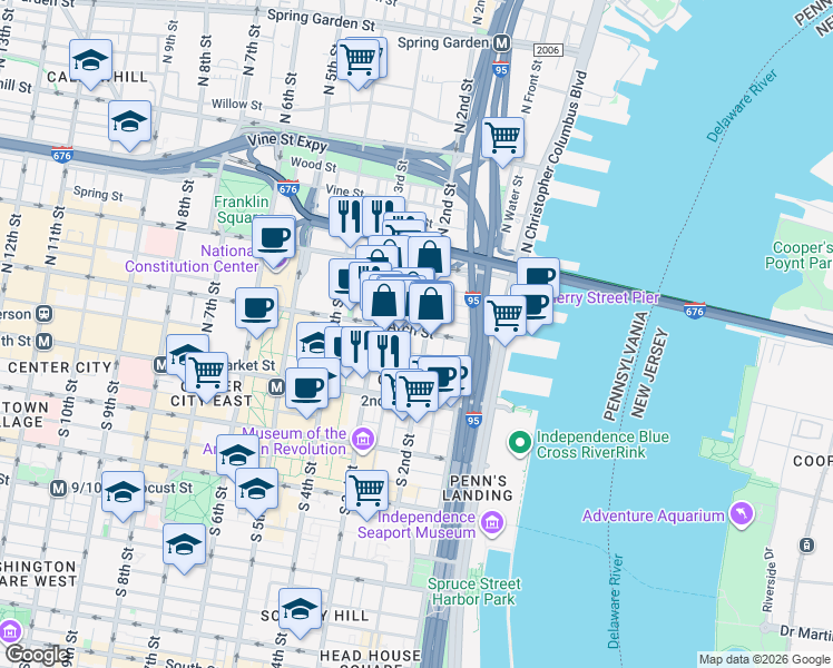 map of restaurants, bars, coffee shops, grocery stores, and more near 105 North Bread Street in Philadelphia