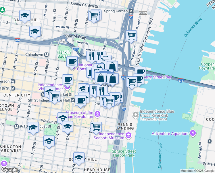 map of restaurants, bars, coffee shops, grocery stores, and more near 105 North Bread Street in Philadelphia