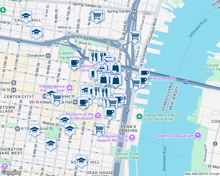 map of restaurants, bars, coffee shops, grocery stores, and more near 105 North Bread Street in Philadelphia