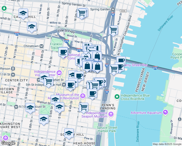 map of restaurants, bars, coffee shops, grocery stores, and more near 105 North Bread Street in Philadelphia