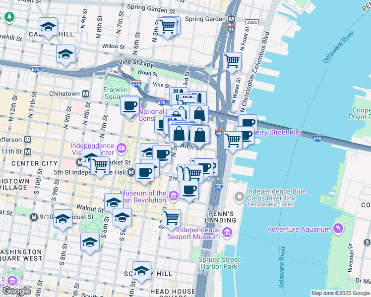 map of restaurants, bars, coffee shops, grocery stores, and more near 105 North Bread Street in Philadelphia