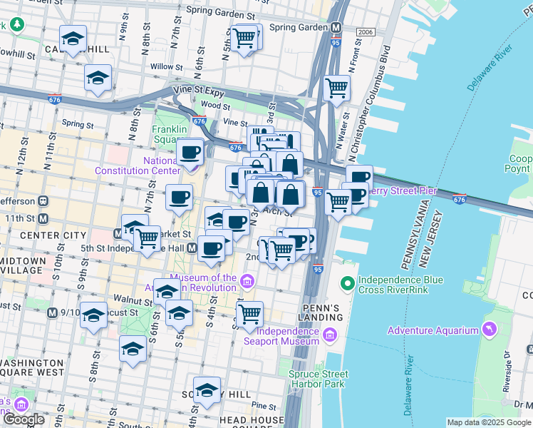 map of restaurants, bars, coffee shops, grocery stores, and more near 236 Arch Street in Philadelphia