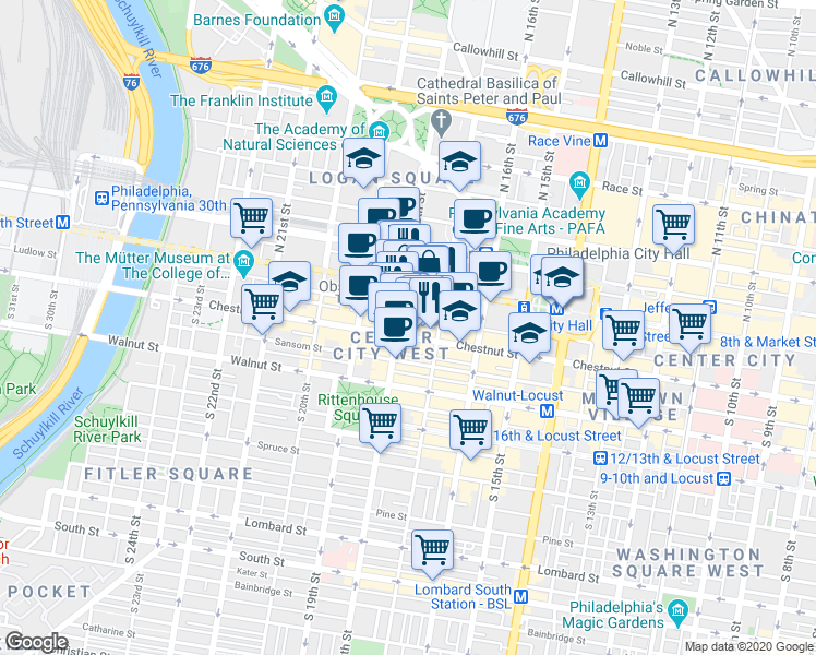 map of restaurants, bars, coffee shops, grocery stores, and more near 30 South 17th Street in Philadelphia