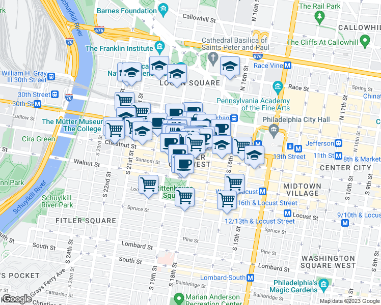 map of restaurants, bars, coffee shops, grocery stores, and more near 1822 Ludlow Street in Philadelphia