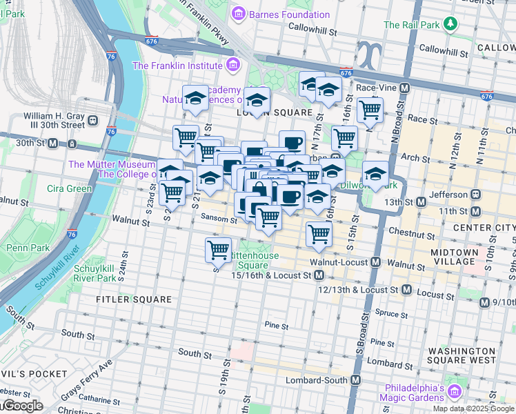 map of restaurants, bars, coffee shops, grocery stores, and more near 1822 Ludlow Street in Philadelphia