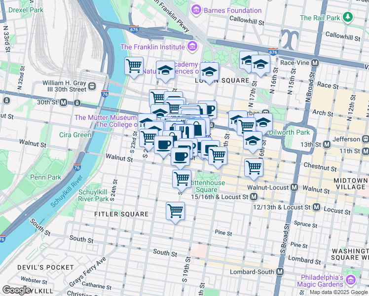 map of restaurants, bars, coffee shops, grocery stores, and more near 2011 Chestnut Street in Philadelphia