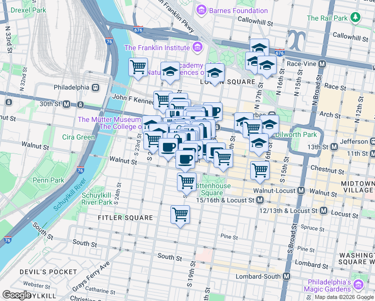 map of restaurants, bars, coffee shops, grocery stores, and more near 2011 Chestnut Street in Philadelphia