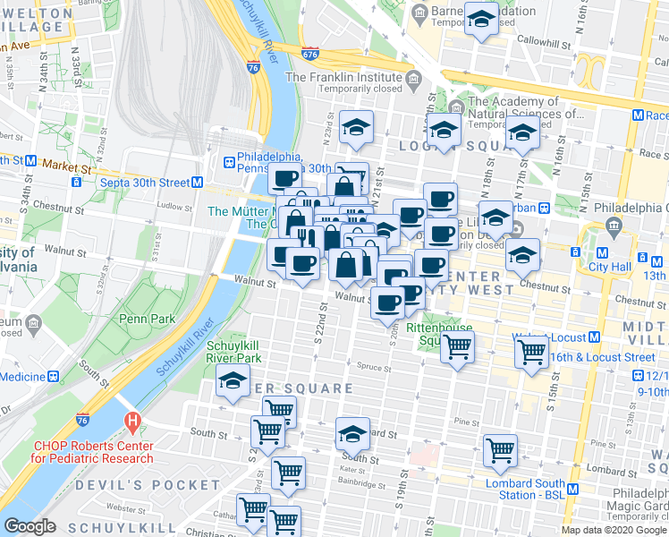 map of restaurants, bars, coffee shops, grocery stores, and more near 25 South Van Pelt Street in Philadelphia