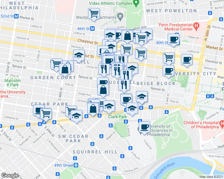map of restaurants, bars, coffee shops, grocery stores, and more near 4418-22 Spruce Street in Philadelphia