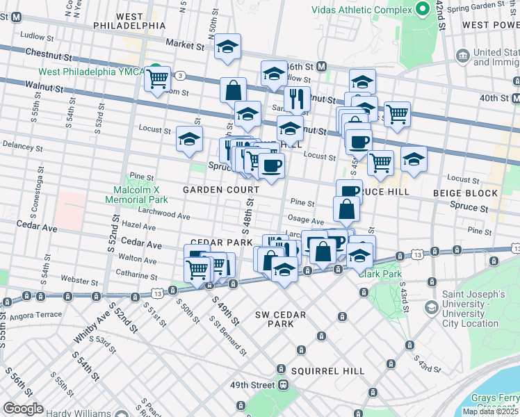 map of restaurants, bars, coffee shops, grocery stores, and more near 4721 Pine Street in Philadelphia