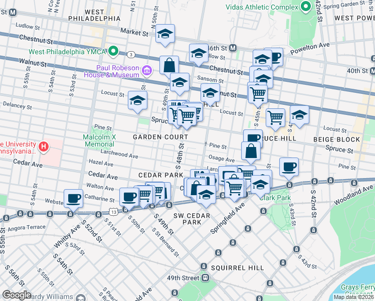map of restaurants, bars, coffee shops, grocery stores, and more near 4721 Pine Street in Philadelphia