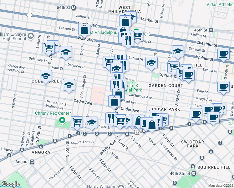 map of restaurants, bars, coffee shops, grocery stores, and more near 434 South 52nd Street in Philadelphia