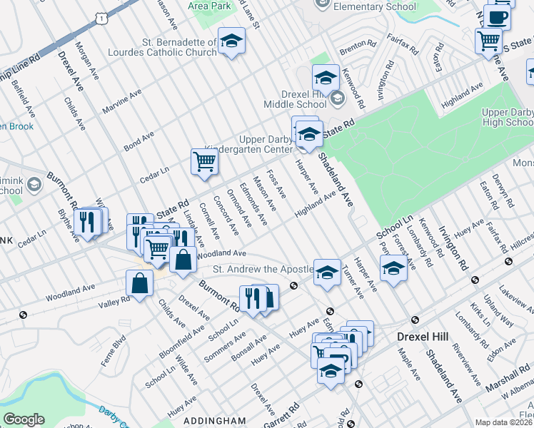 map of restaurants, bars, coffee shops, grocery stores, and more near 730 Mason Avenue in Drexel Hill