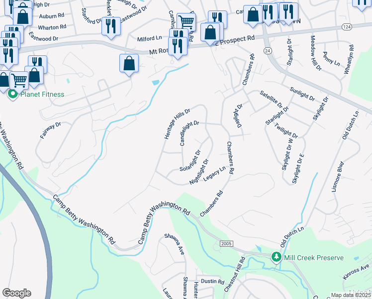 map of restaurants, bars, coffee shops, grocery stores, and more near 2825 Candlelight Drive in York