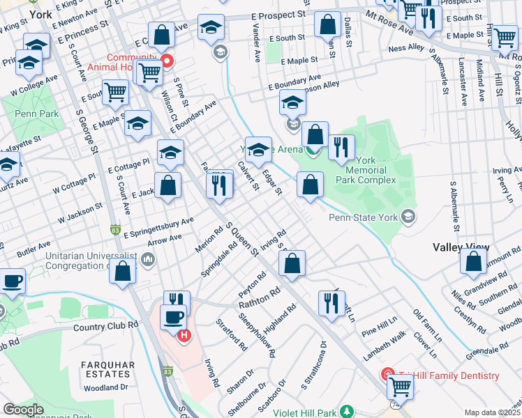 map of restaurants, bars, coffee shops, grocery stores, and more near 340 Rockdale Avenue in York