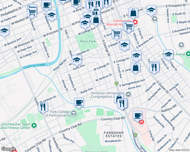 map of restaurants, bars, coffee shops, grocery stores, and more near 726 Bierman Avenue in York