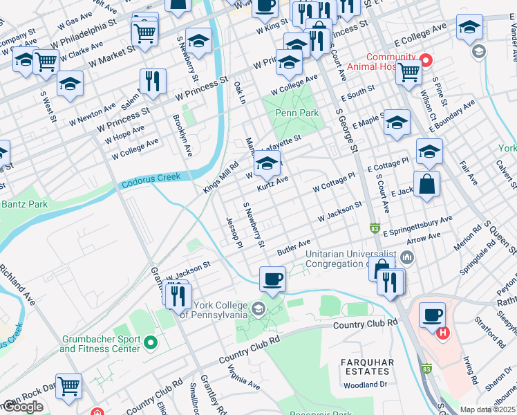 map of restaurants, bars, coffee shops, grocery stores, and more near 256 Kurtz Avenue in York