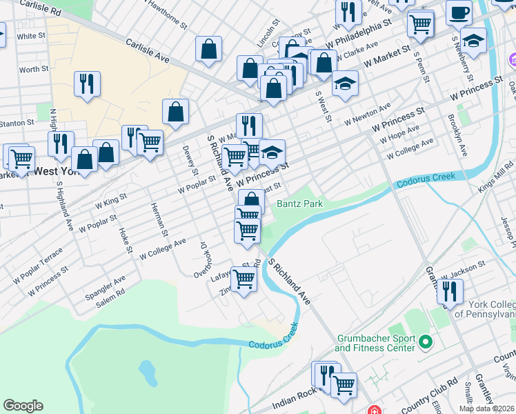 map of restaurants, bars, coffee shops, grocery stores, and more near 832 West Locust Street in York