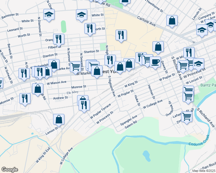 map of restaurants, bars, coffee shops, grocery stores, and more near 1411 Monroe Street in West York