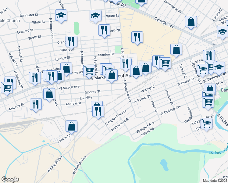 map of restaurants, bars, coffee shops, grocery stores, and more near 55 South Adams Street in West York