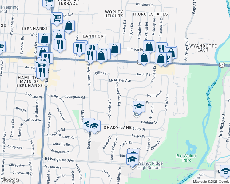 map of restaurants, bars, coffee shops, grocery stores, and more near 1149 Country Club Road in Columbus
