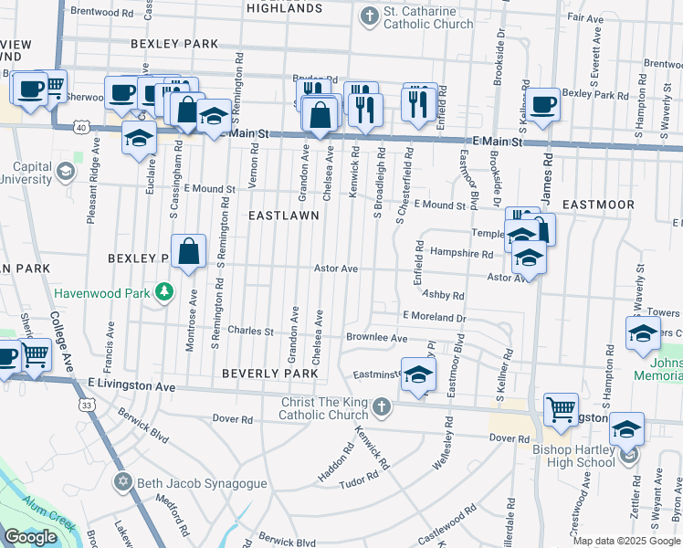 map of restaurants, bars, coffee shops, grocery stores, and more near 863 Kenwick Road in Columbus