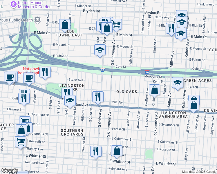 map of restaurants, bars, coffee shops, grocery stores, and more near 624 South Ohio Avenue in Columbus