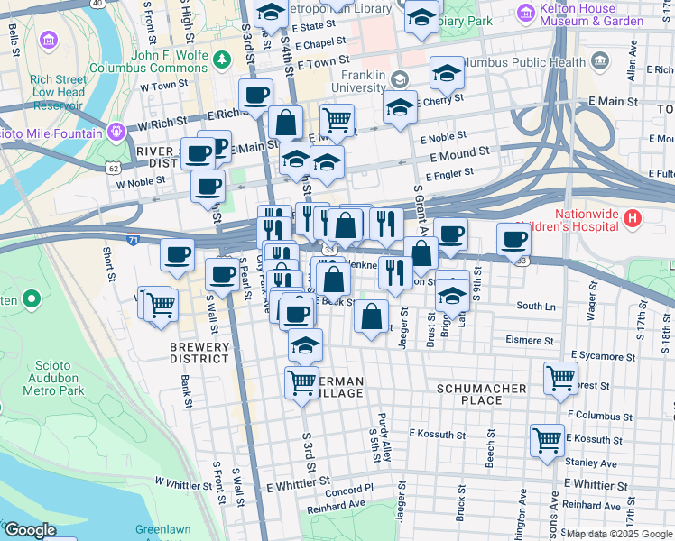 map of restaurants, bars, coffee shops, grocery stores, and more near 185 East Livingston Avenue in Columbus