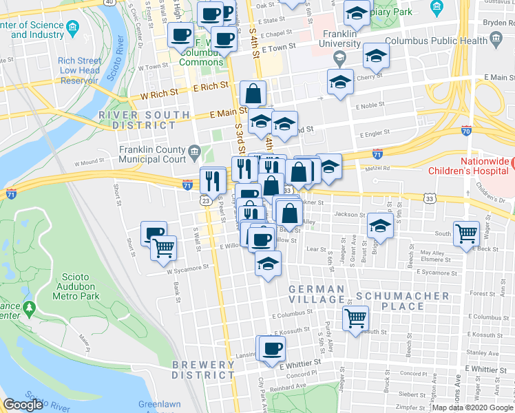 map of restaurants, bars, coffee shops, grocery stores, and more near 133 East Livingston Avenue in Columbus