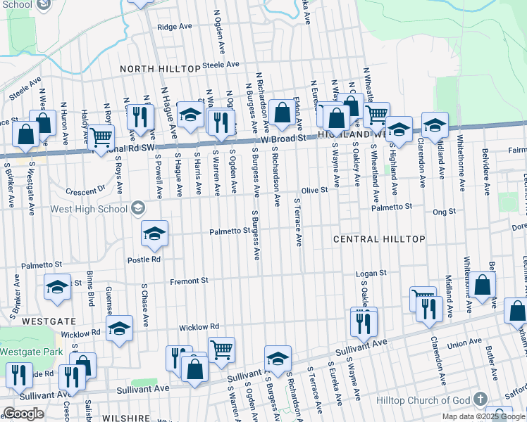 map of restaurants, bars, coffee shops, grocery stores, and more near 120 South Burgess Avenue in Columbus