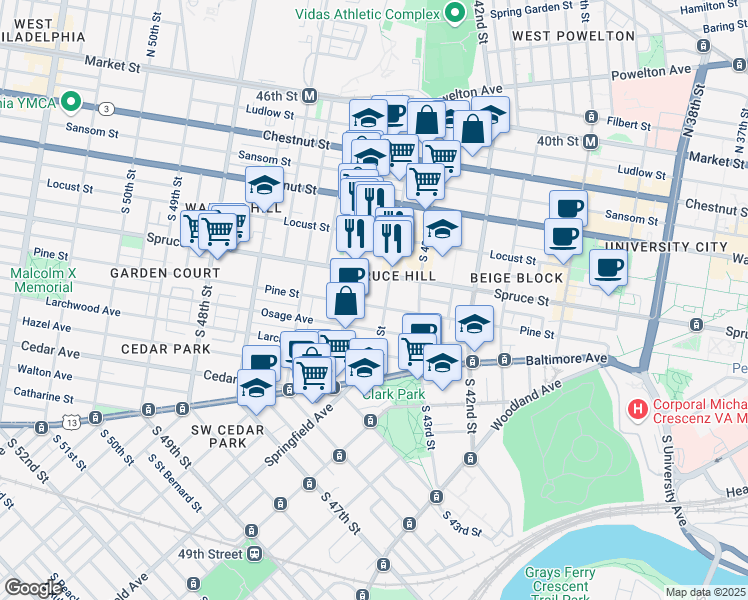 map of restaurants, bars, coffee shops, grocery stores, and more near 4418-22 Spruce Street in Philadelphia