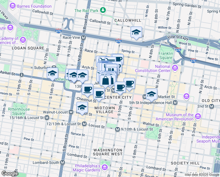 map of restaurants, bars, coffee shops, grocery stores, and more near 1101 Market Street in Philadelphia