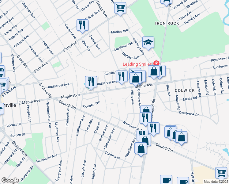 map of restaurants, bars, coffee shops, grocery stores, and more near 7362 Rudderow Avenue in Pennsauken Township