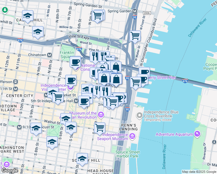 map of restaurants, bars, coffee shops, grocery stores, and more near 105 North Bread Street in Philadelphia