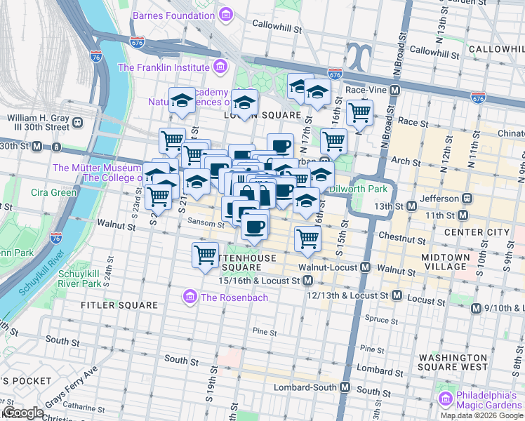 map of restaurants, bars, coffee shops, grocery stores, and more near 1822 Ludlow Street in Philadelphia